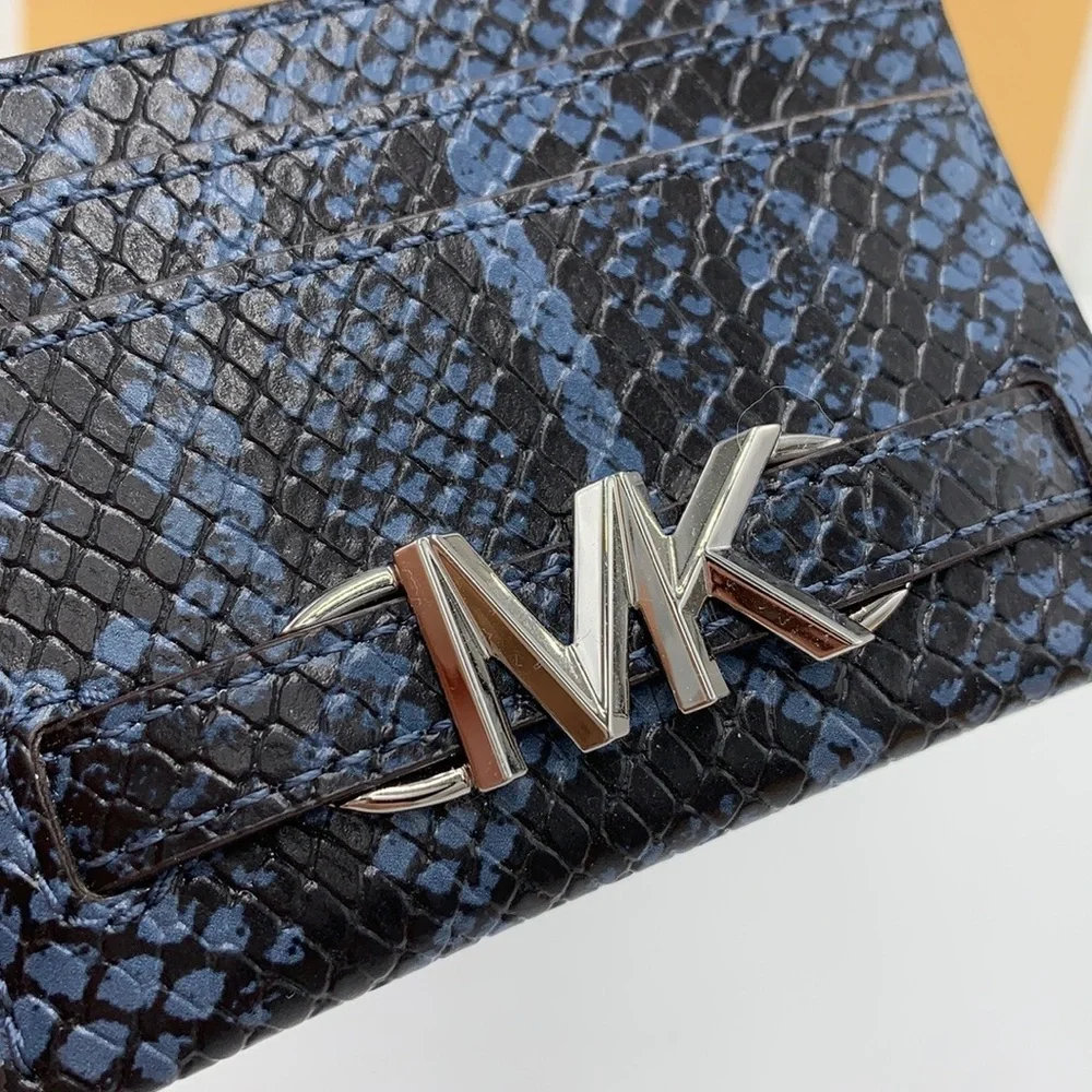 MICHAEL KORS Reed Large Snakeskin Python Patter Card Holder Case Denim NWT